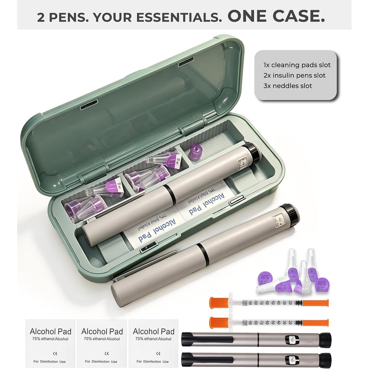 SAEKULT Insulin Pen Case open, showing 2 insulin pens, needles and alcohol pads inside