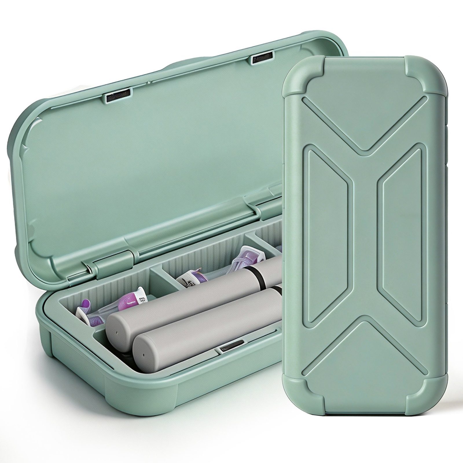 SAEKULT magnetic hard-shell case in Sage Green, open showing the interior tray