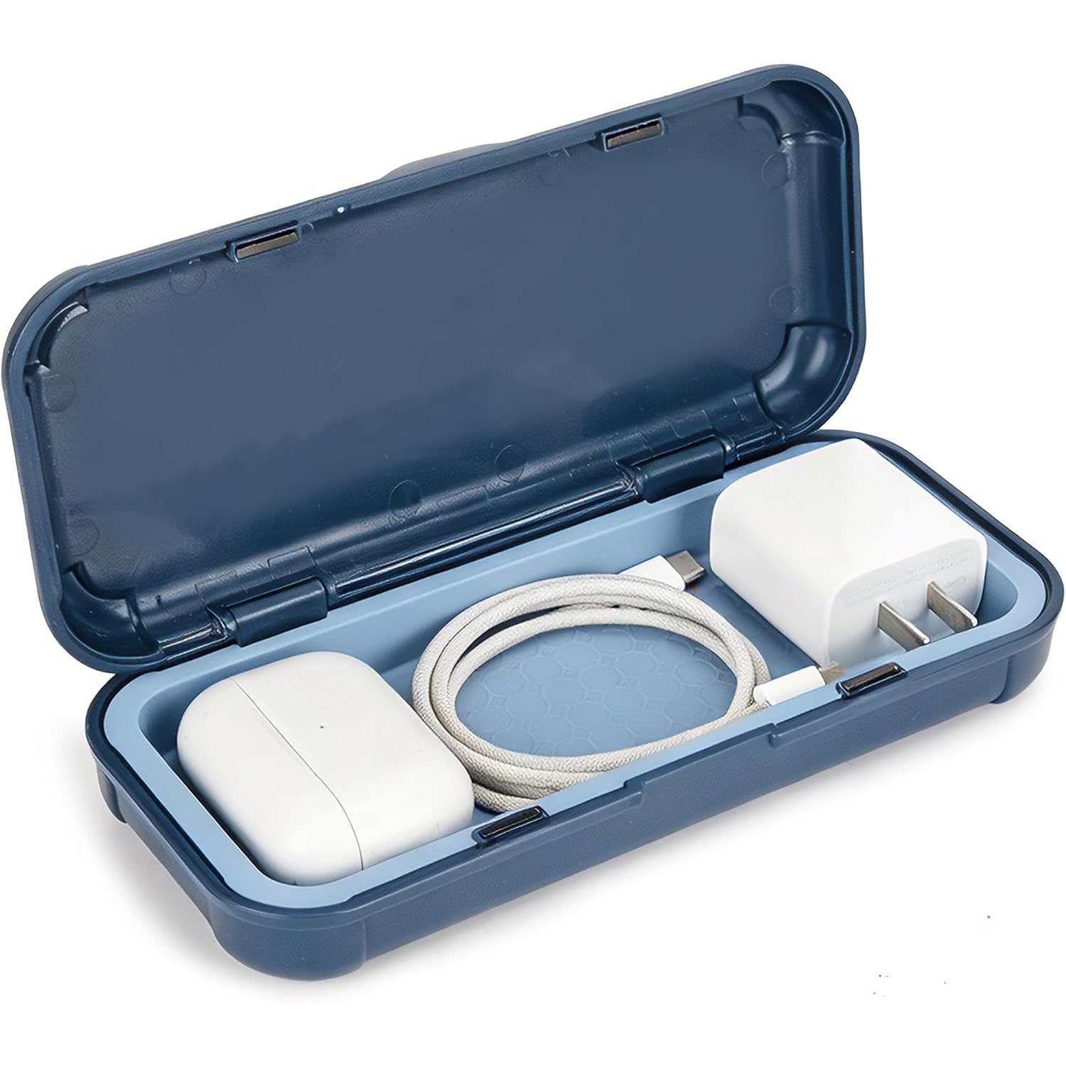 SAEKULT Tech Organizer in Deep Blue holding a charger, cable and AirPods