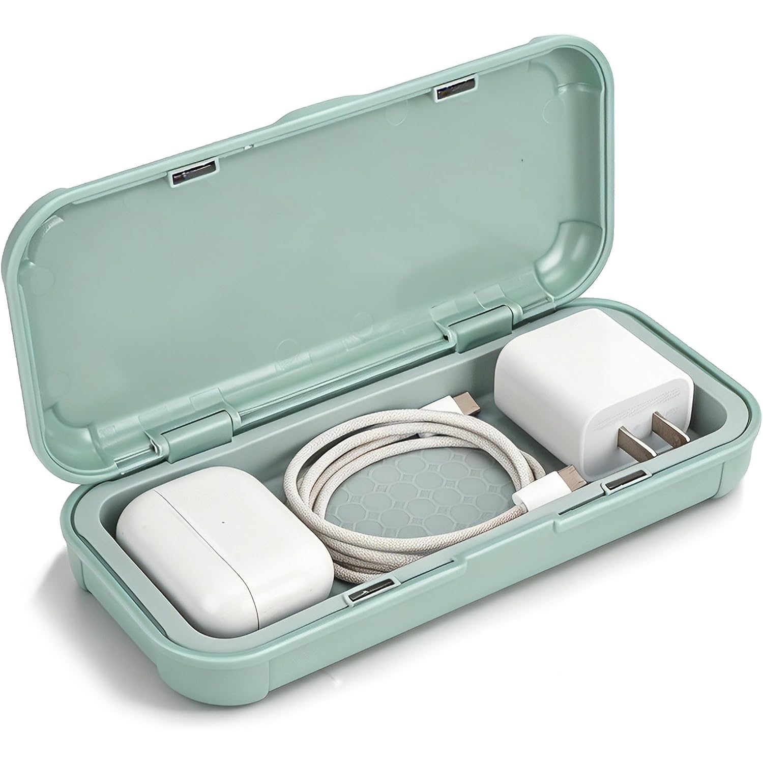 SAEKULT Tech Organizer in Sage Green with tech accessories inside
