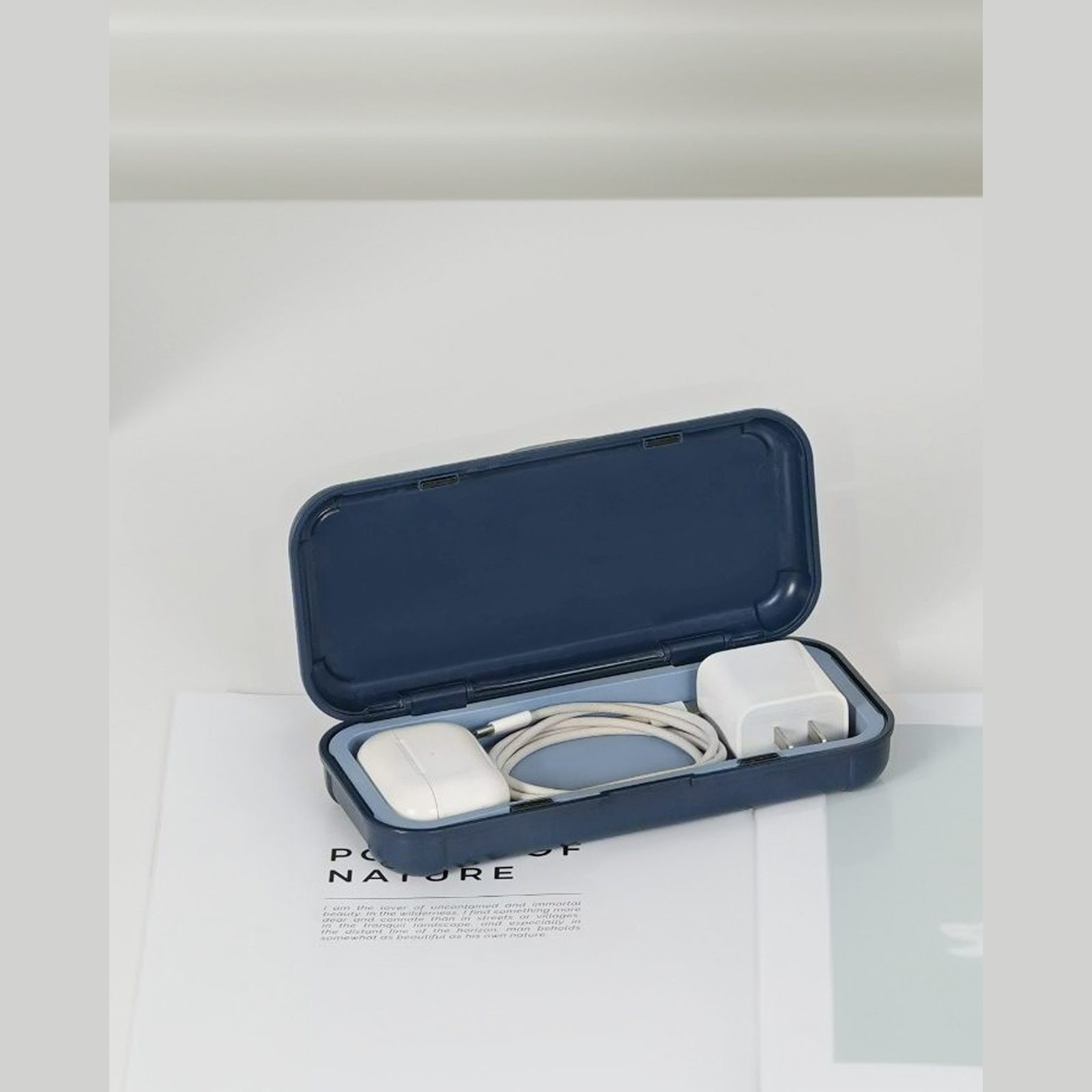 SAEKULT Tech Organizer on a desk, open with charging gear
